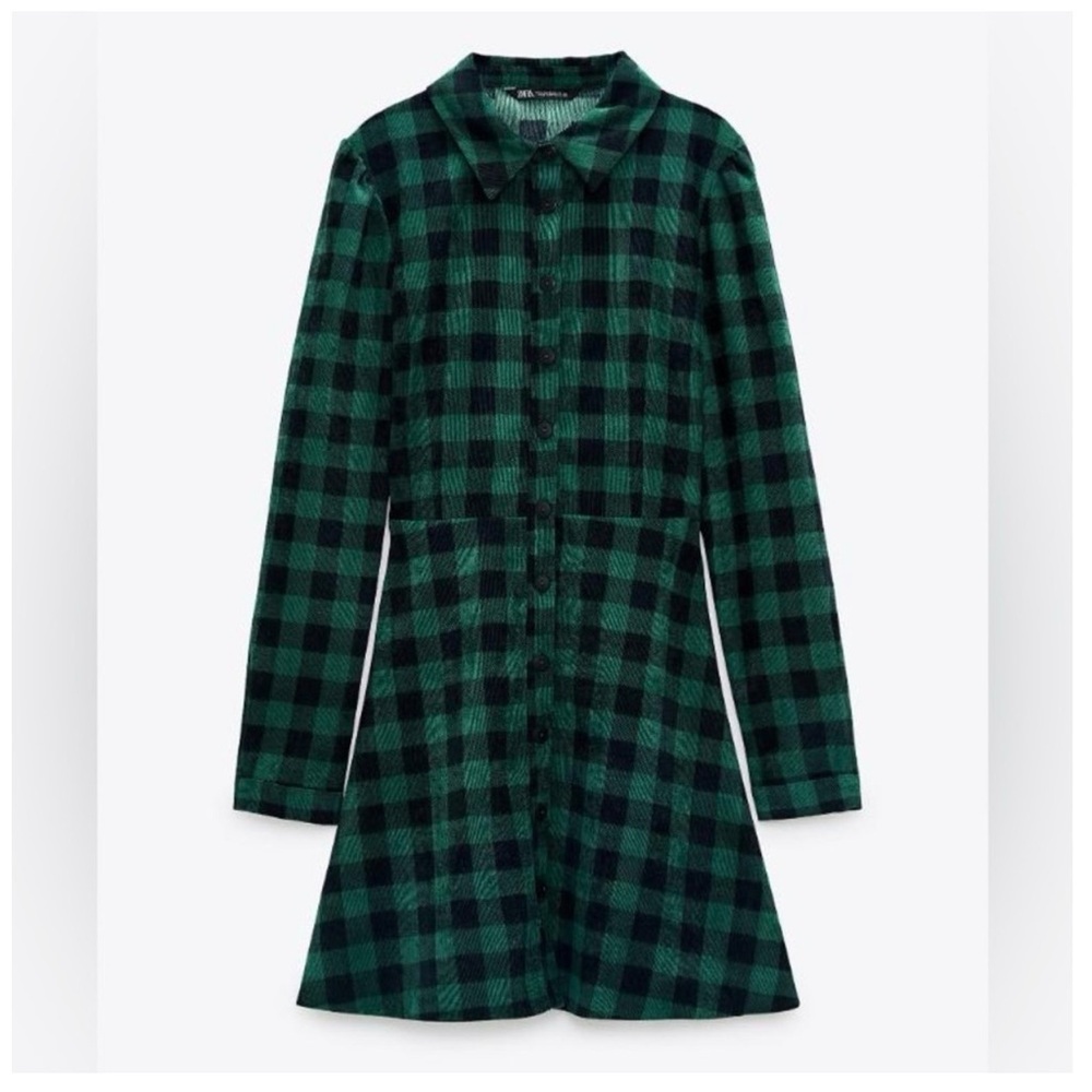 Zara Corduroy Green and Black Plaid Shirt Dress - Picture 6 of 7